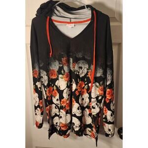LuLaRoe Skull and Rose Floral Print Hoodie Pullover - Size Large